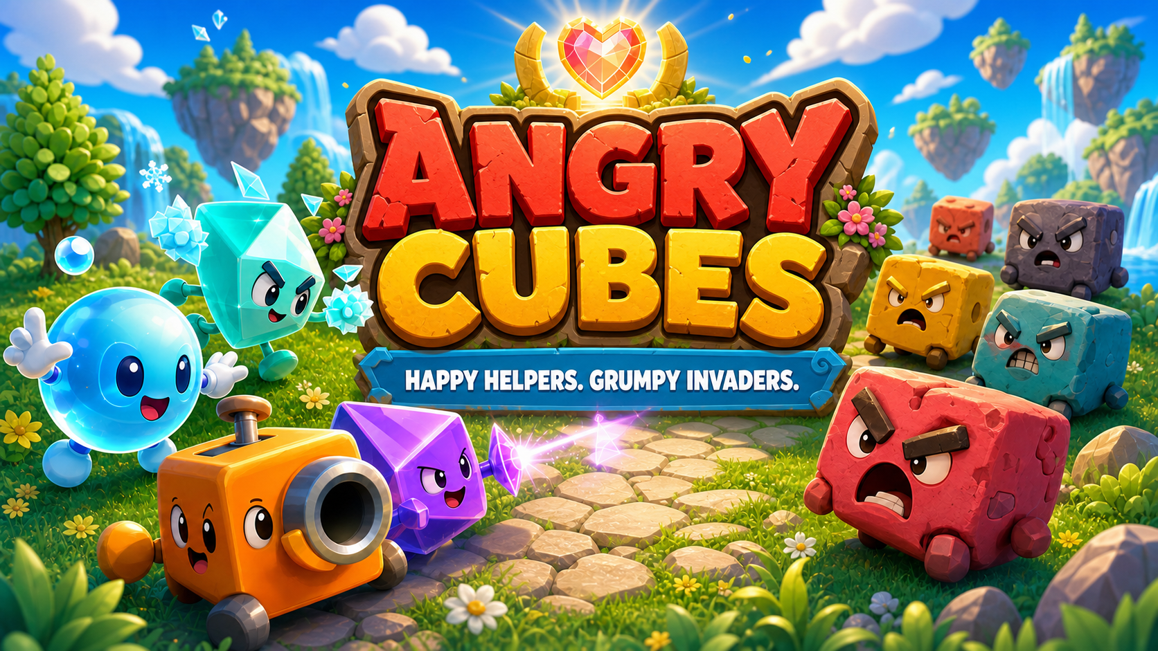 Happy helpers face a colorful group of grumpy cube invaders in the Joy Gardens.
